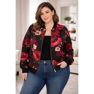 Susan Graver Red Romantic Floral Bomber Boho Academia Jacket QVC Plus Size 2X